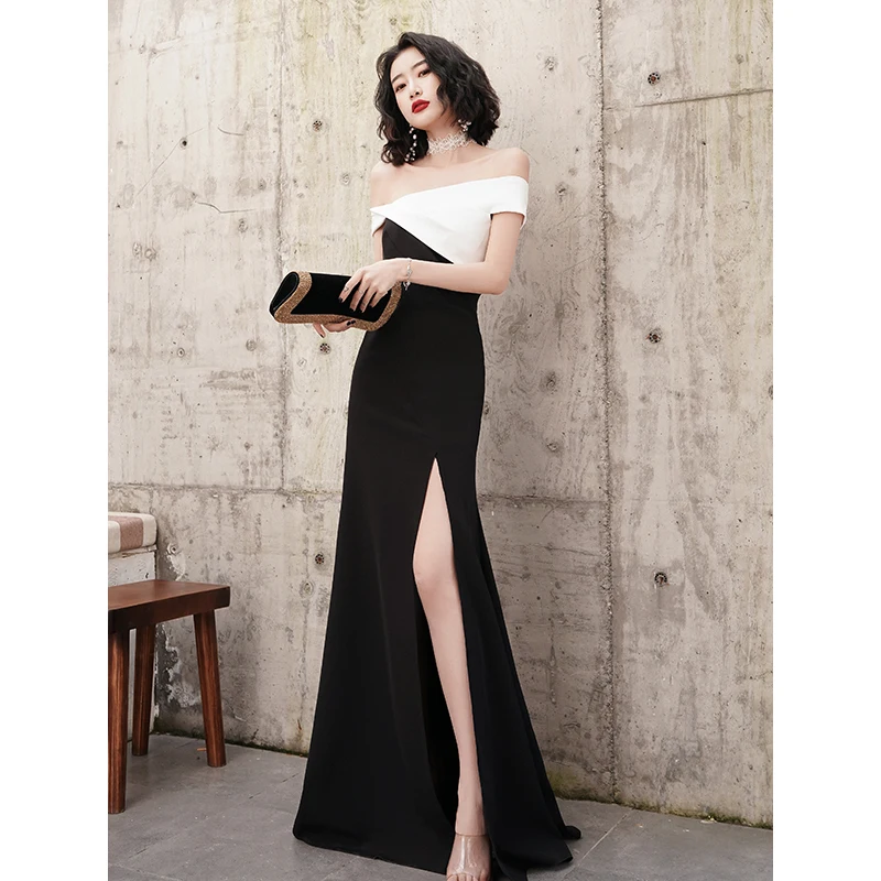 

Ele Bla Evening Gown Women's Faion High-End Sexy Slimming Host One-oulder Long Dr for Par Wedding Performance