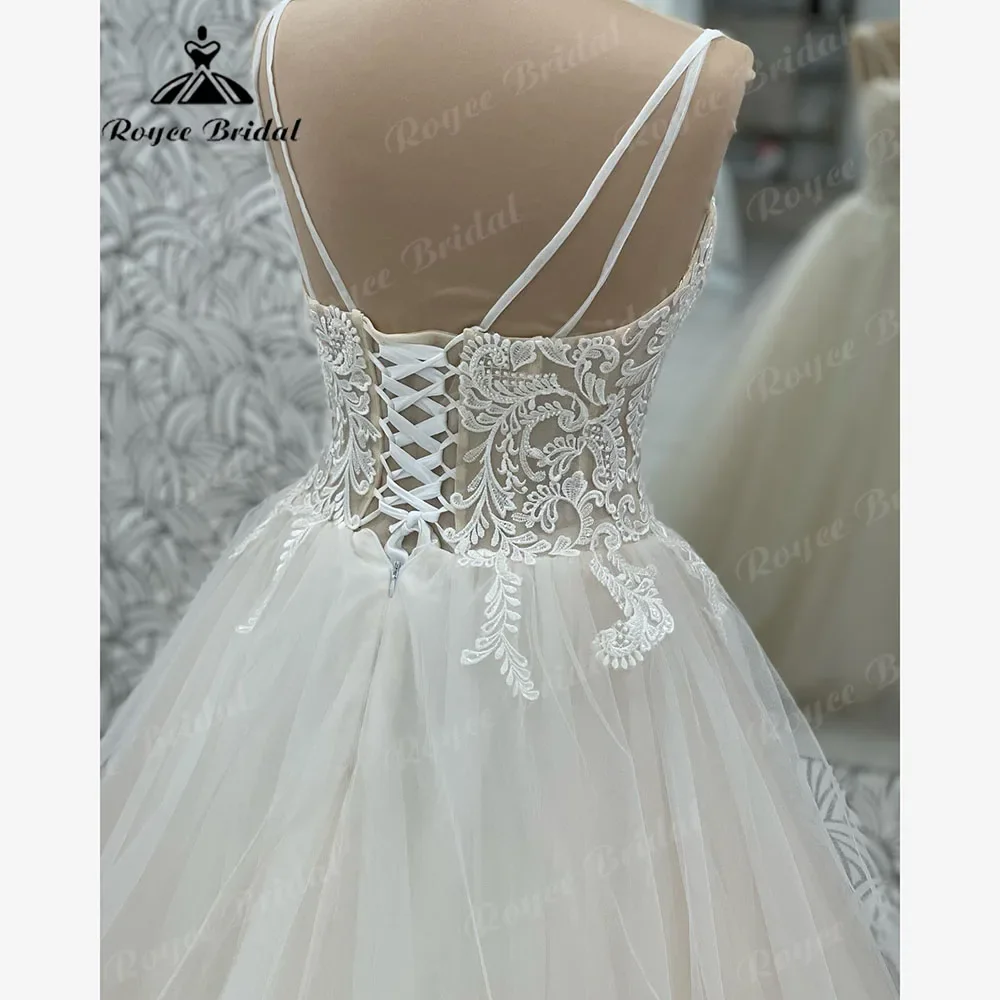 Princesa tirantes espagueti champán Linging Apliques de encaje vestido de novia para mujer 2025 vestido de novia vestido de noiva romantico