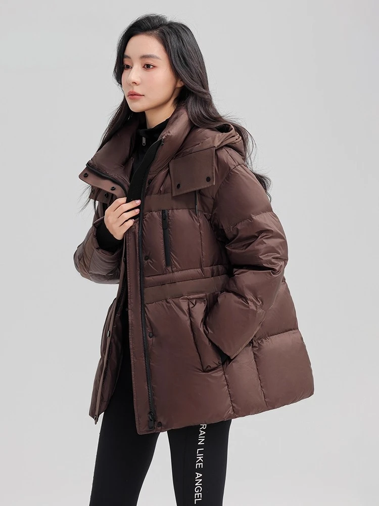 여성용 다운 재킷 2025 겨울 신상 롱 후드 웨이스트 트렌치 코트 패션 덕 다운 코트