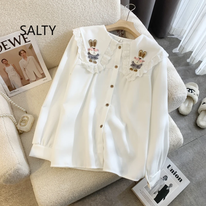 

2025 Women Shirt Long Sleeve Cute Rabbit Patch Doll Collar Blouse Tops Female Autumn and Winter Preppy Style Woman
