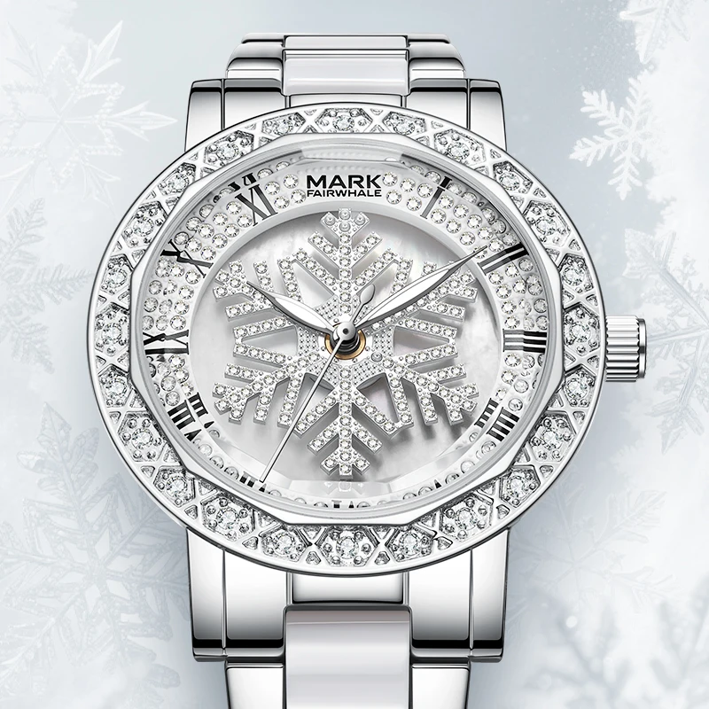 MARK FAIRWHALE 2026 Casual Rotatable snowflake dial Women's Watch Diamond fully encrusted Quartz Movement for Ladies' gift watch