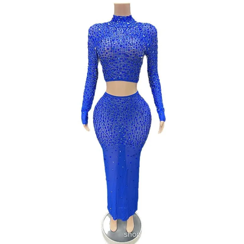 2025Niche Light Luxury Temperament Royal Blue Rhinestone Bag Skirt Evening Dress Women's Advanced Sense Slim Banquet Host Dress