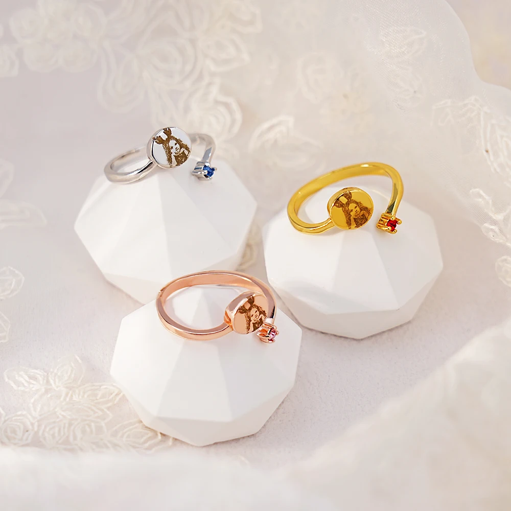 Photo Adjustable Rings Custom Birth Month Flowers Set Metal Stamping Kit Jewelry Stamping ring for woman stainless steel rings