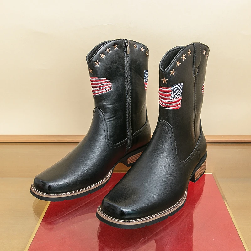 

Men's Vintage Western Cowboy Ankle Boots Side Zipper Easy Wear Comfortable Non-Slip American Flag Embroidery Leather Casual Boot