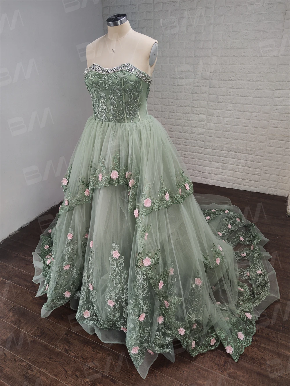 100% Real Images | BRLMALL Floral Sweet 15 16 Dress, Quinceanera Dress Strapless Tiered Long Train Beaded Women Formal Gown