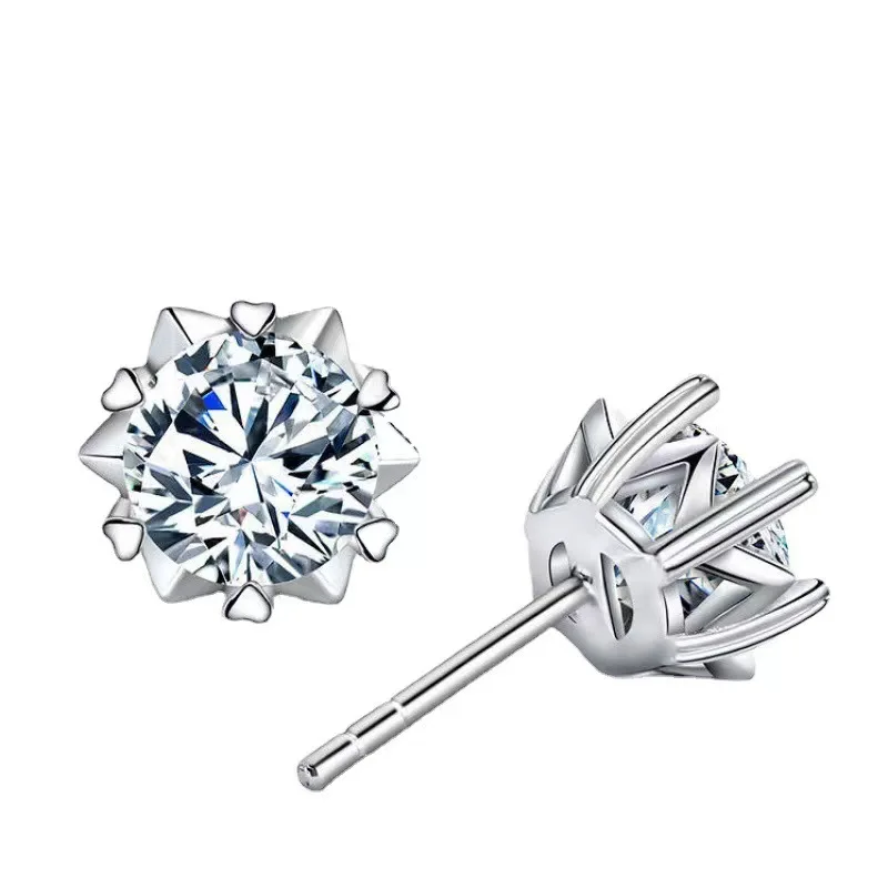 Diamond Snowflakes Stud Earrings for Women Real 925 Sterling Silver Solitaire Eternity Wedding Party Jewelry