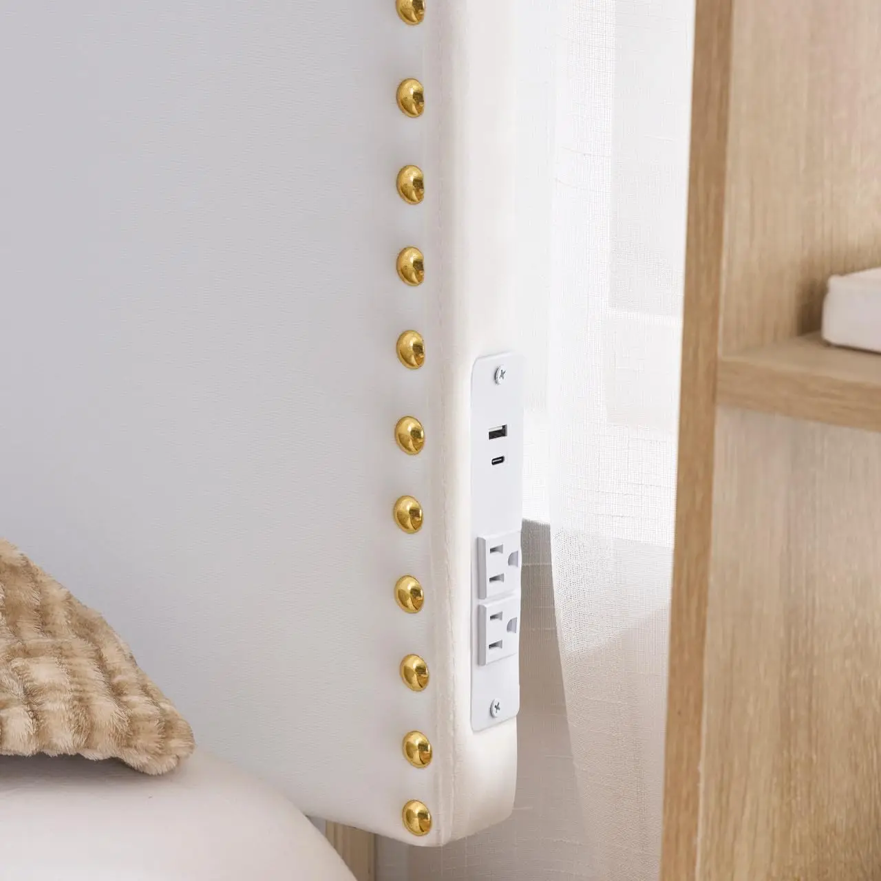 Plush Upholstered Headboard USB Outlet & Gold Rivets Right Side Dorm Bedroom White Custom
