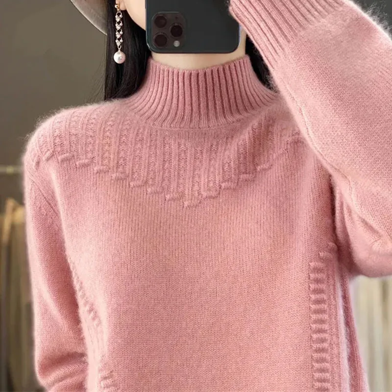 Sweater Korea wanita, pakaian rajut lengan panjang kerah setengah tinggi musim gugur musim dingin wanita warna polos rajutan