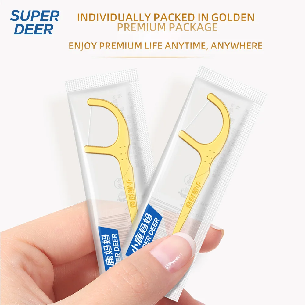 16/32/48/64PCS Individually Wrapped Dental Floss Picks Portable Gold Flossers Toothpick for Travel Daily Oral Cleaning