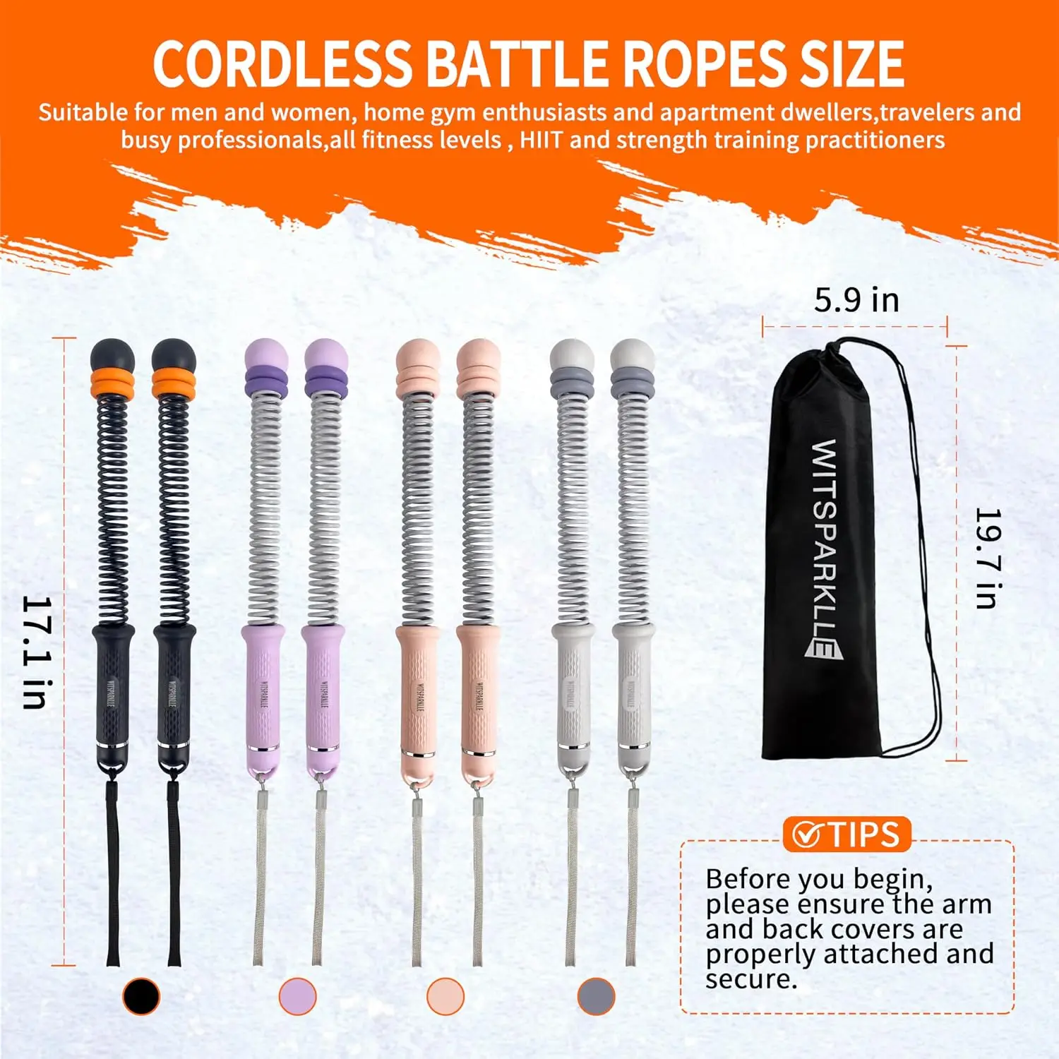 Ropeless Battle Ropes, Adjustable Cordless Battle Ropes with Resistance Springs, Weighted Portable Workout Rope for Home Gym, Low-Impact HIIT Training Equipment for Men & Women (Black)