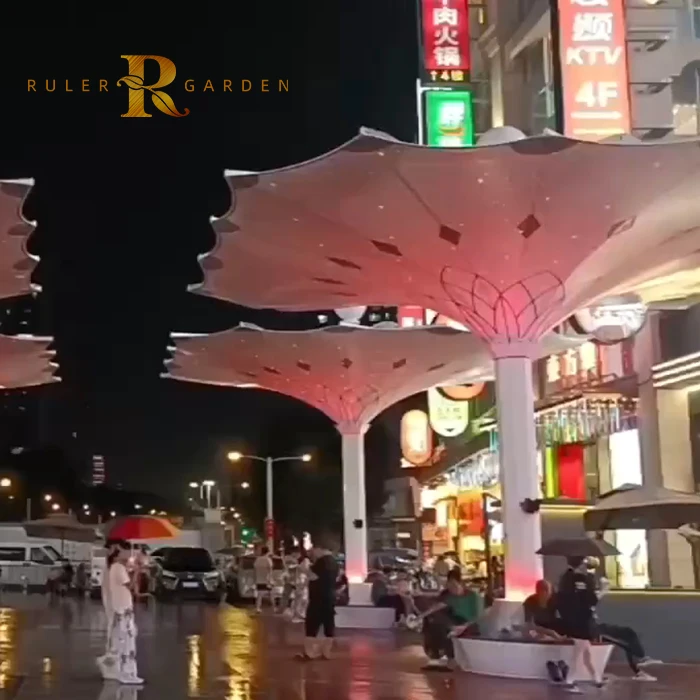 Mosque Plaza Sunshade Motorized Huge Umbrella Windproof Corrosion-Proof Aluminum Frame Heavy PVC Membrane Canopy