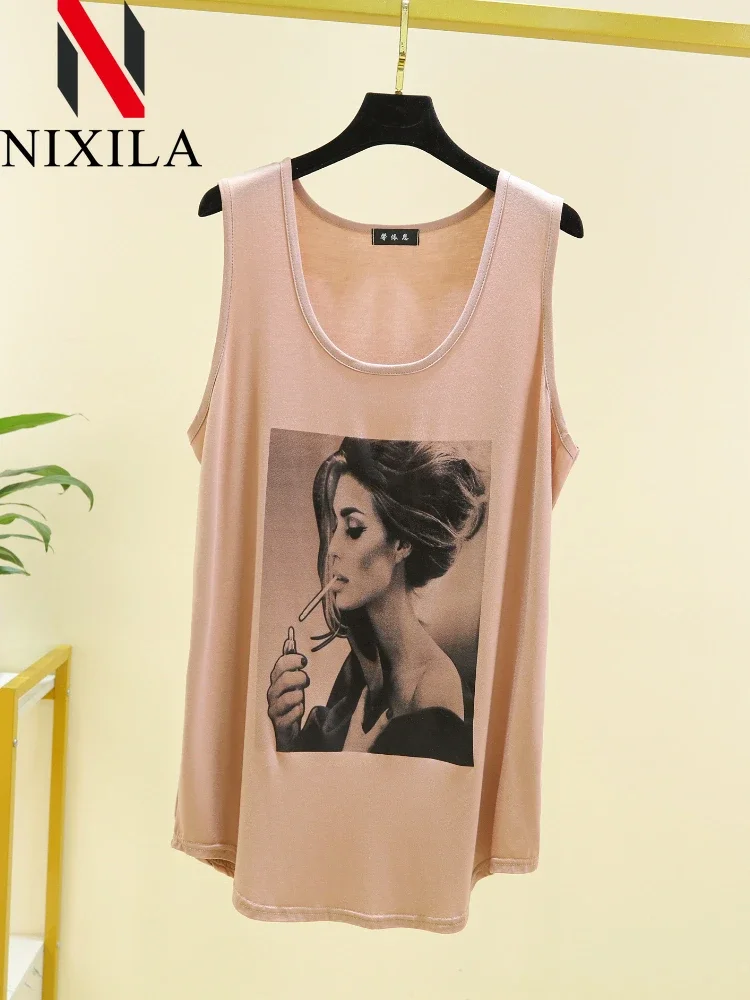 Spring Summer Women Long Tank Tops O-Neck Fashion Print Beauty's Head Casual Loose Sleeveless T-shirt Streetwear Female Dress