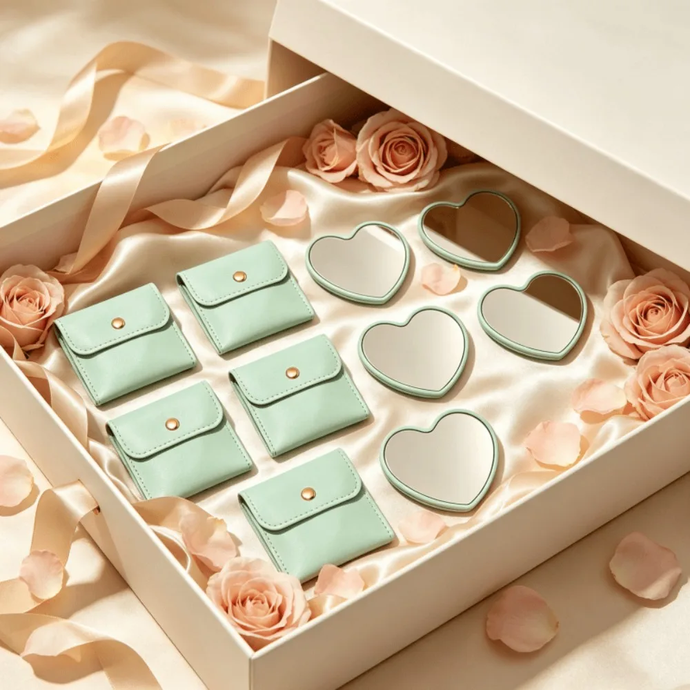 5-30 Sets Cute Green Heart‑Shaped Pocket Cosmetic Mirror Kit with  PU Bags Portable Travel Wedding Holiday Souvenir Gifts