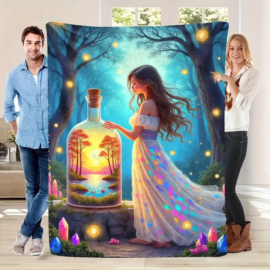 Long dress girl with a glass bottle Flannel printed blanket suitable for all seasons suitable for living room office sofa travel