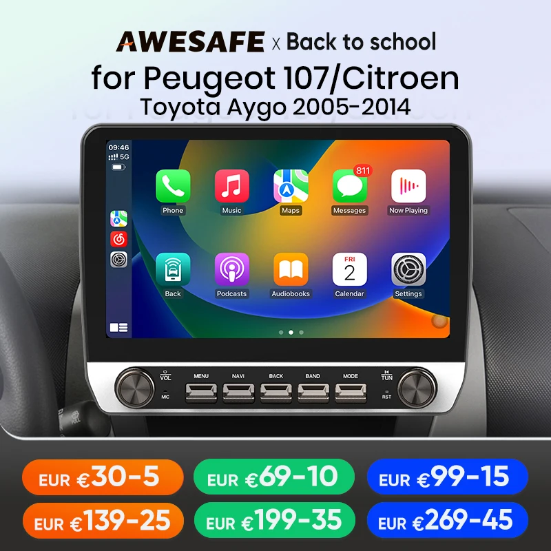 AWESAFE Autoradio per Peugeot 107 Citroen C1 Toyota Aygo 2005-2014 Wireless Carplay Android Auto Stereo Pulsanti Multimedia