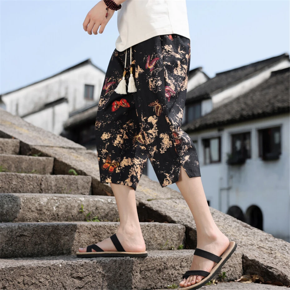Large Size Pencil Pant Mens Summer Thin Cotton Linen Casual Trousers Men Harajuku Chinese Style Baggy Calf Length Pants Male