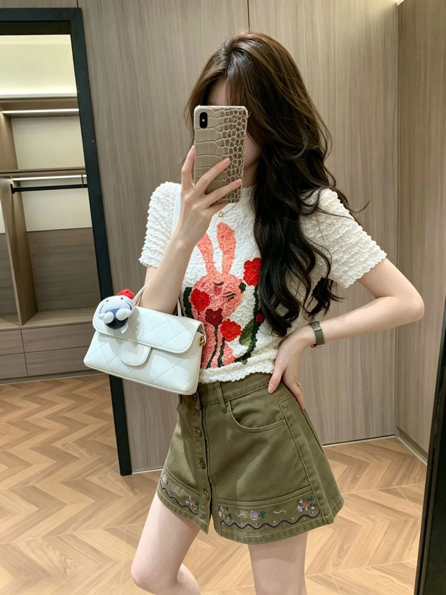 Slimming Print Design Short Sleeve T-Shirt High Waist Embroidered Denim  Skirt Casual European Style Girls Fashion