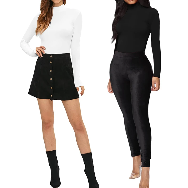 Turtle Neck Bodysuit lengan panjang wanita, Jumpsuit atasan lapisan elastis warna hitam polos Slim Fit satu potong