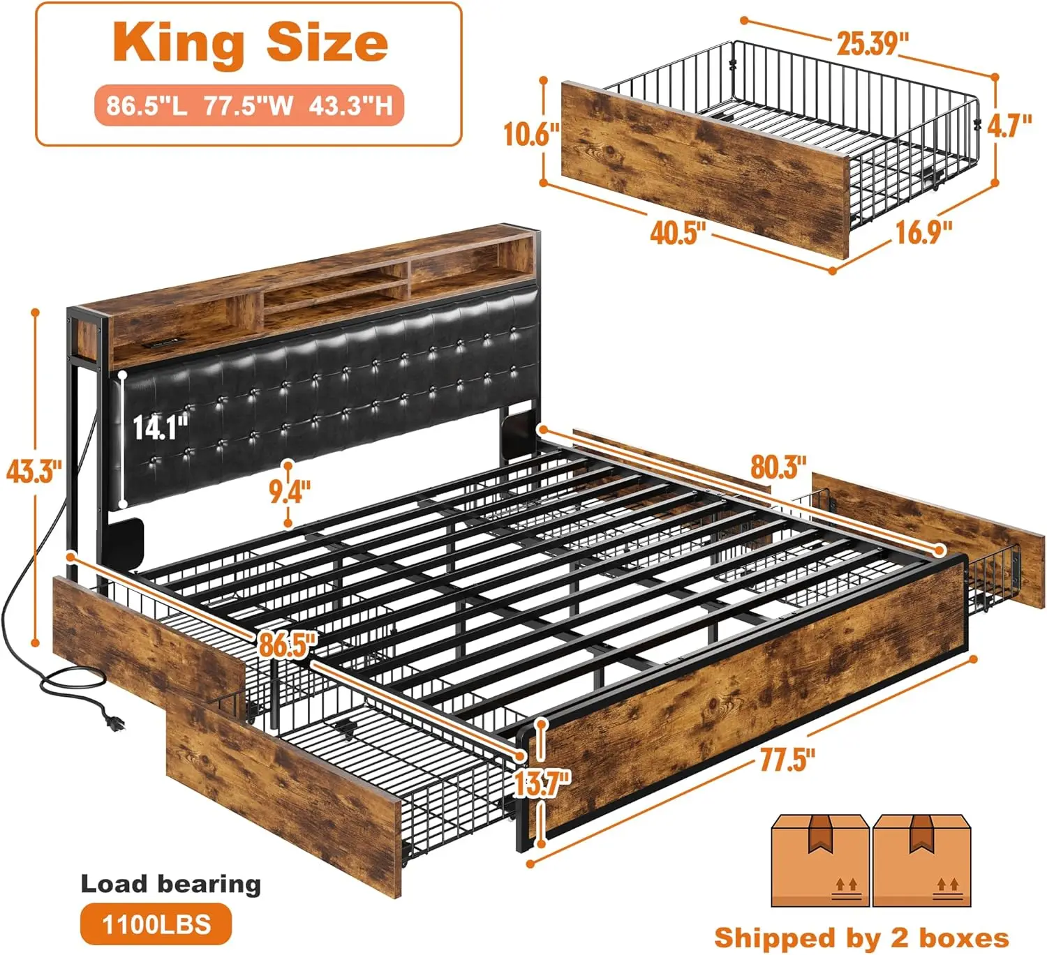 

King Size Bed Frame with 4 Storage Drawers King Bed Frame and Headboard Upholstered Charging Station,No Noise