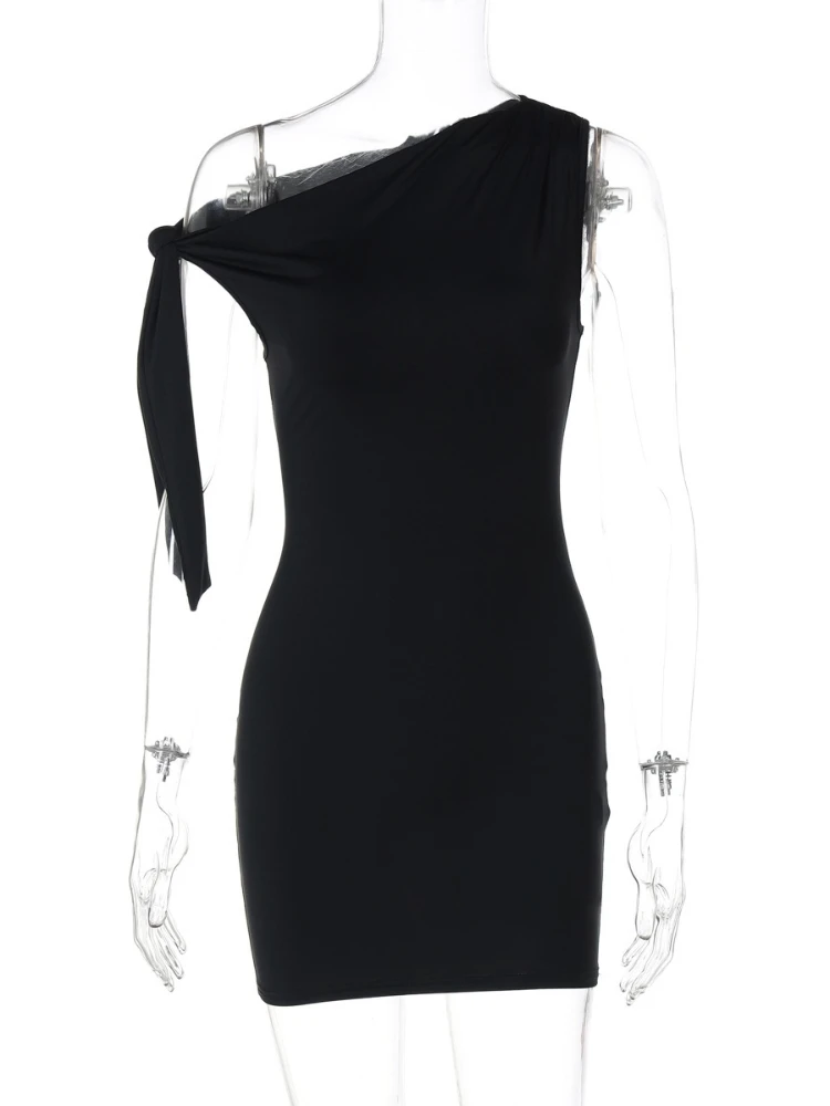 فستان أسود قصير بدون أكمام بكتف واحد بدون أكمام ملابس خروج نسائية صيفية بياقة قطرية غير منتظمة للحفلات والنوادي #5