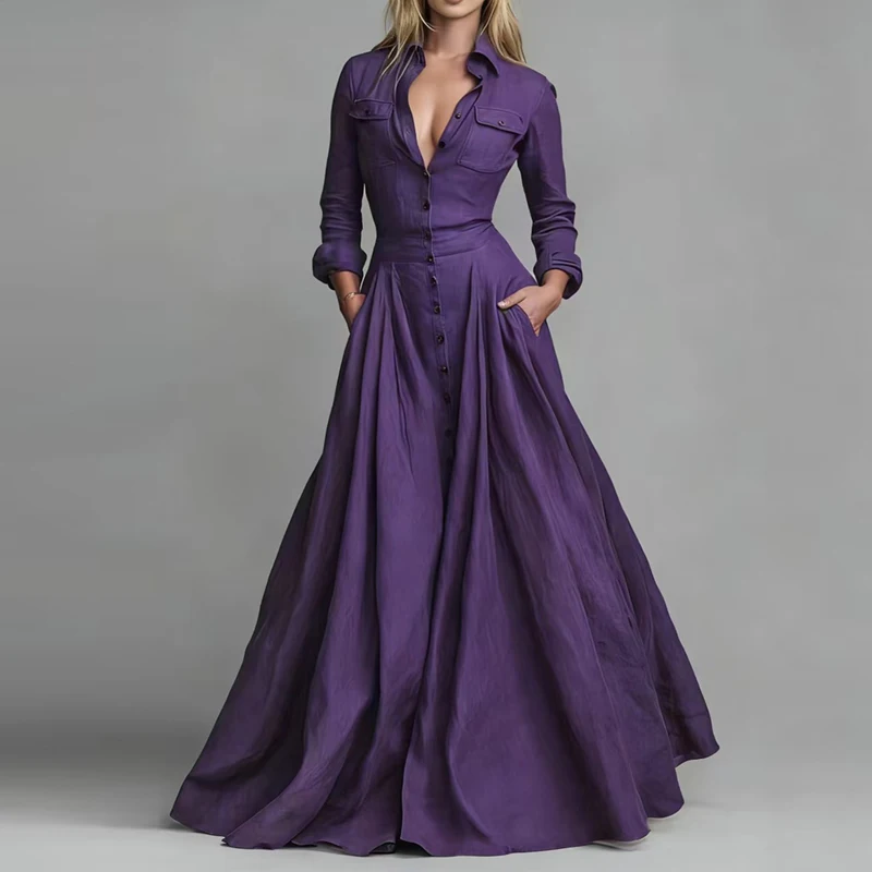 ربيع الموضة قميص طوق زر فساتين طويلة امرأة أنيقة عالية الخصر جيب فستان الحفلات الخريف طويلة الأكمام فضفاضة فستان محكم من عند الصدر ويتدلى بشكل واسع #5