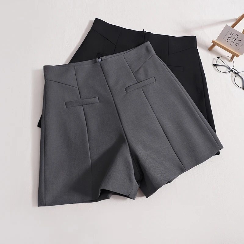 

HELIAR Women Suit Shorts With Pockets Female High Waist Solid Casual Shorts Wide-leg A-line Shorts For Women 2023 Summer