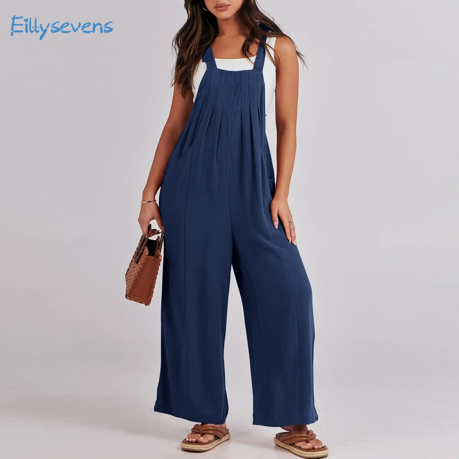 Women'S Wide Leg Jumpsuit Casual Loose Sleeveless Adjustable Tie Straps Bib Rompers With Pockets Daily Commute Comfy Outfits