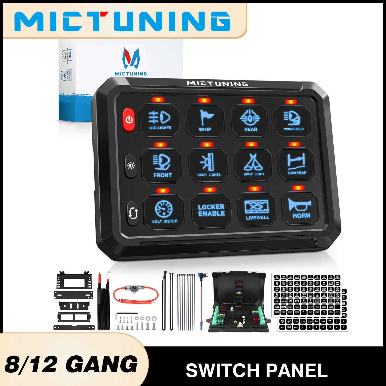MICTUNING P1S Blue 12 Gang Switch Panel 6 Level Brightness Multifunction Toggle Momentary Flash Strobe Circuit Control Relay Box