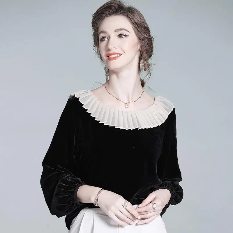 Spring and Autumn Simple Pure Color Doll Neck French Socialite Temperament Base Shirt T-Shirt for Women