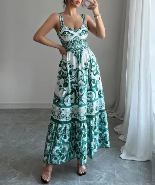 Vestido maxi feminino elegante e minimalista sem mangas, estampa floral barroca com decote em V e saia em camadas