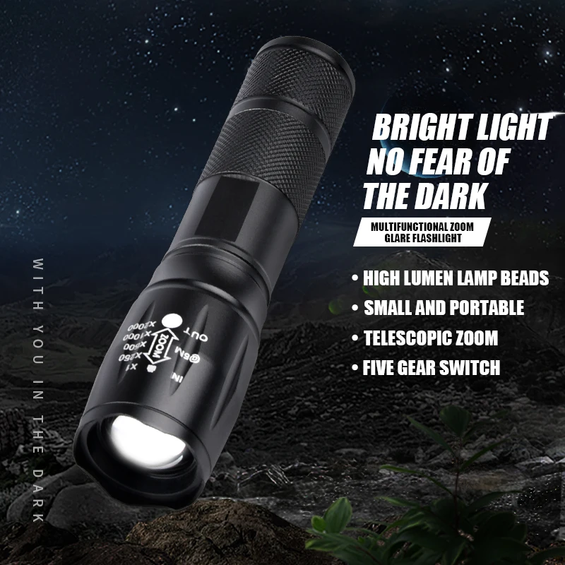 Metal Aluminum Flashlight Tactical Zoom Strobe Lamp 5 Modes SOS Signal Light LED Hunting Rifle Outdoor Night Fishing Light