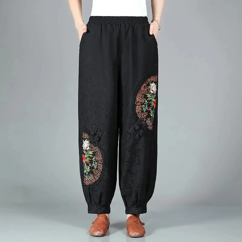 Lantern Pants For Women Autumn Winter 4XL Large Size Middle-aged Elderly Elastic Waist Casual Loose Embroidered Wide Leg Pants