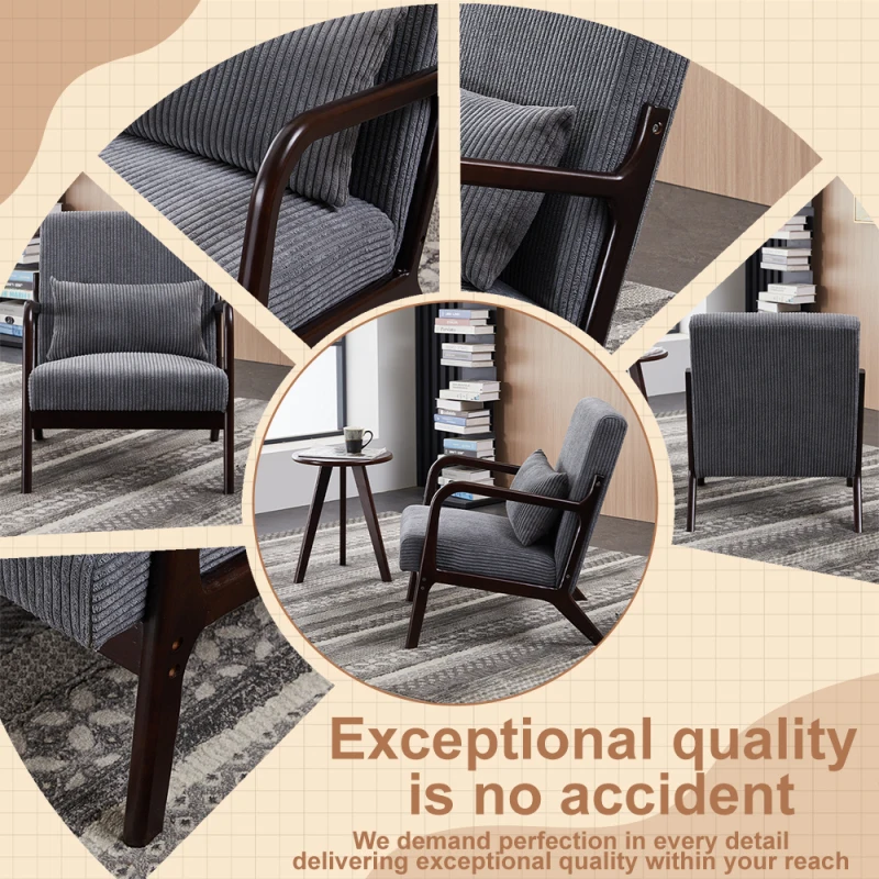 Dark Gray Antique Leisure Chair Walnut Tone Coffee Table Mid Century Modern Style Vintage Accent Set