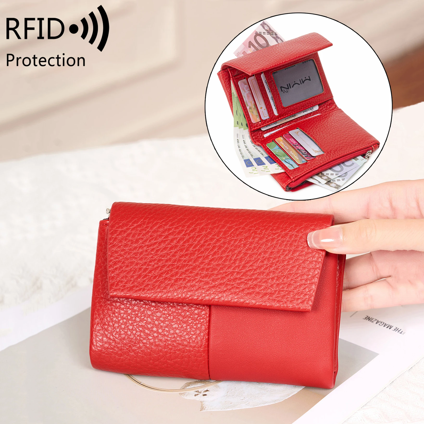 RFID-geschützte Damen-Geldbörse, stilvolle zweifach faltbare Geldbörse mit großer Kapazität, Kreditkartenhalter, Münzbörse, Doppelreißverschluss, Damen-Handtasche