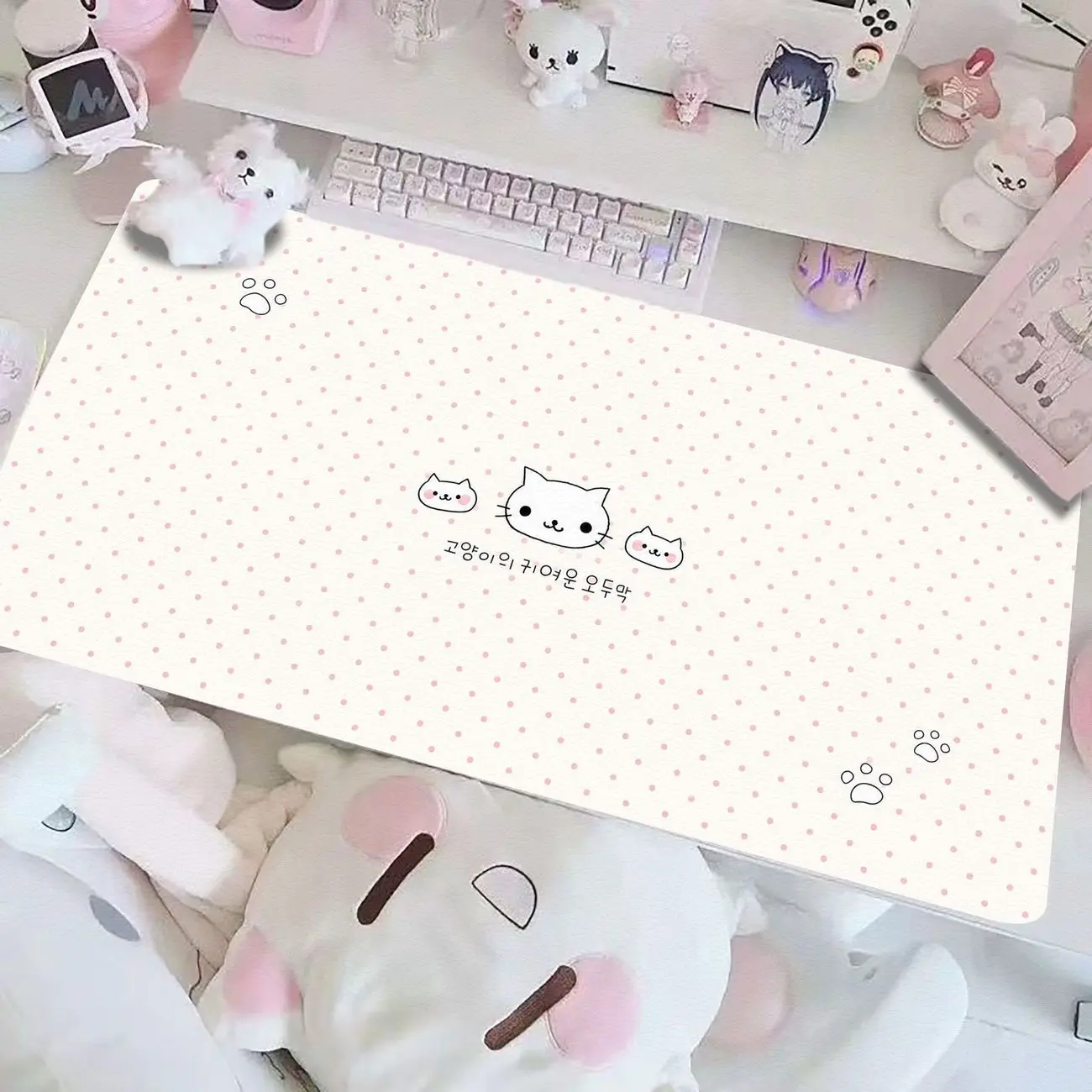 Leather PU Desk Pad Protector Polka Dots Bear Kitten Sweet PINK Mouse Pad Office Desk Mat Waterproof Non-Slip Desk Blotter Pad