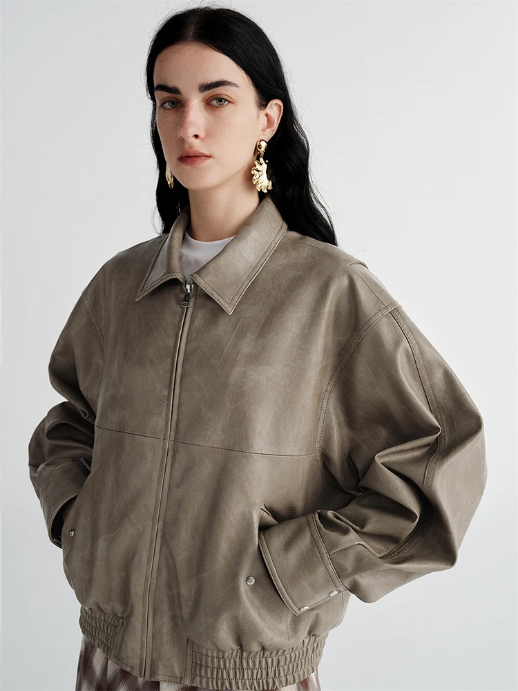 RoseLingLing Giacca in pelle stile biker retrò da donna, con cerniera e collo alto, cappotto da motociclista in pelle PU a maniche lunghe