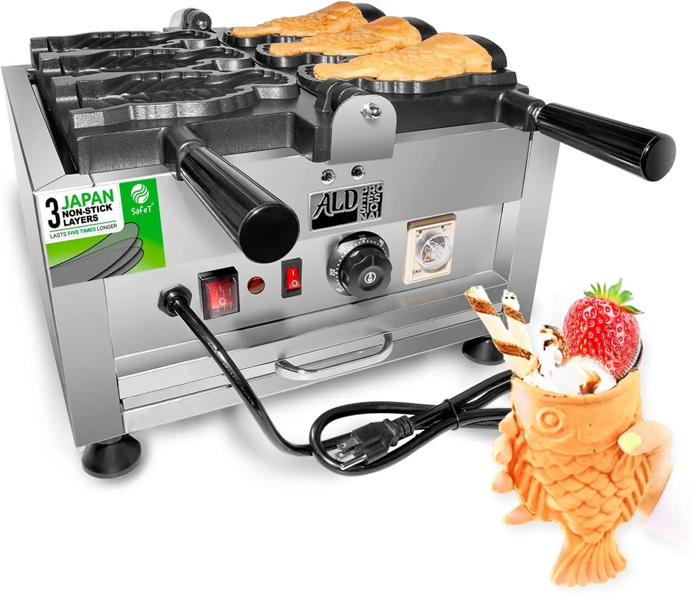 

Taiyaki Fish Waffle Maker Fish-Shaped Waffle Iron Stainless Steel Nonstick 110V (3 Open-Mouth Fish Waffles)