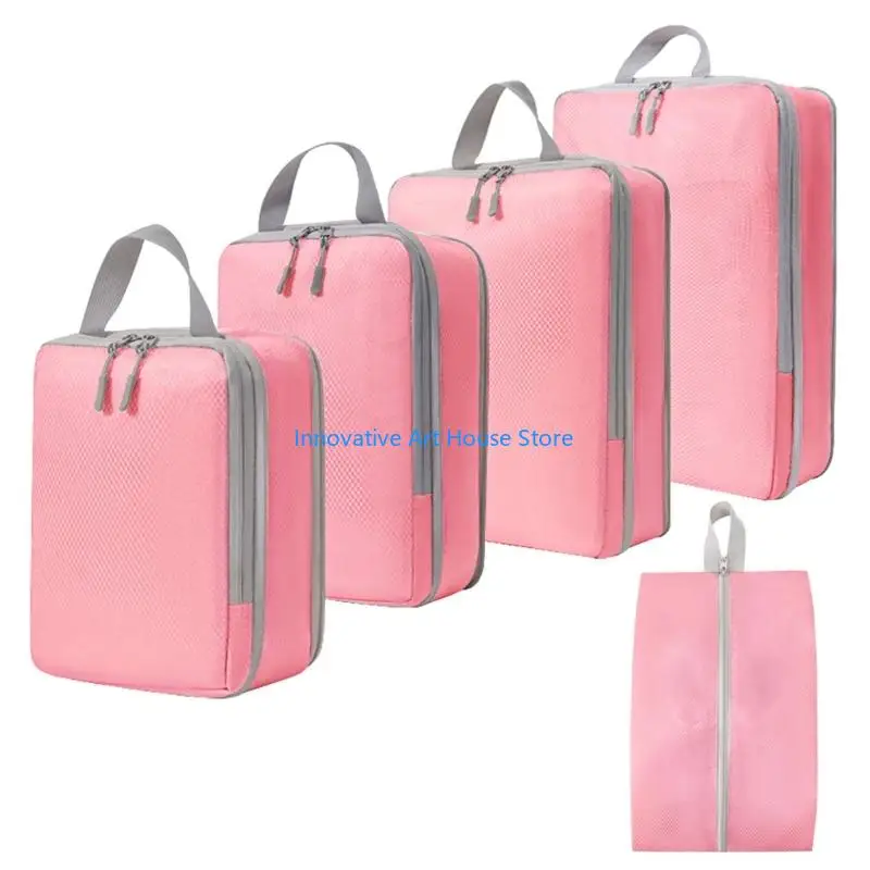 E1PC Travel Bags 5 Piece Packing Cubes Set with Polyester Fabric and Top Handles for Road Travel Packing and Closet Storage