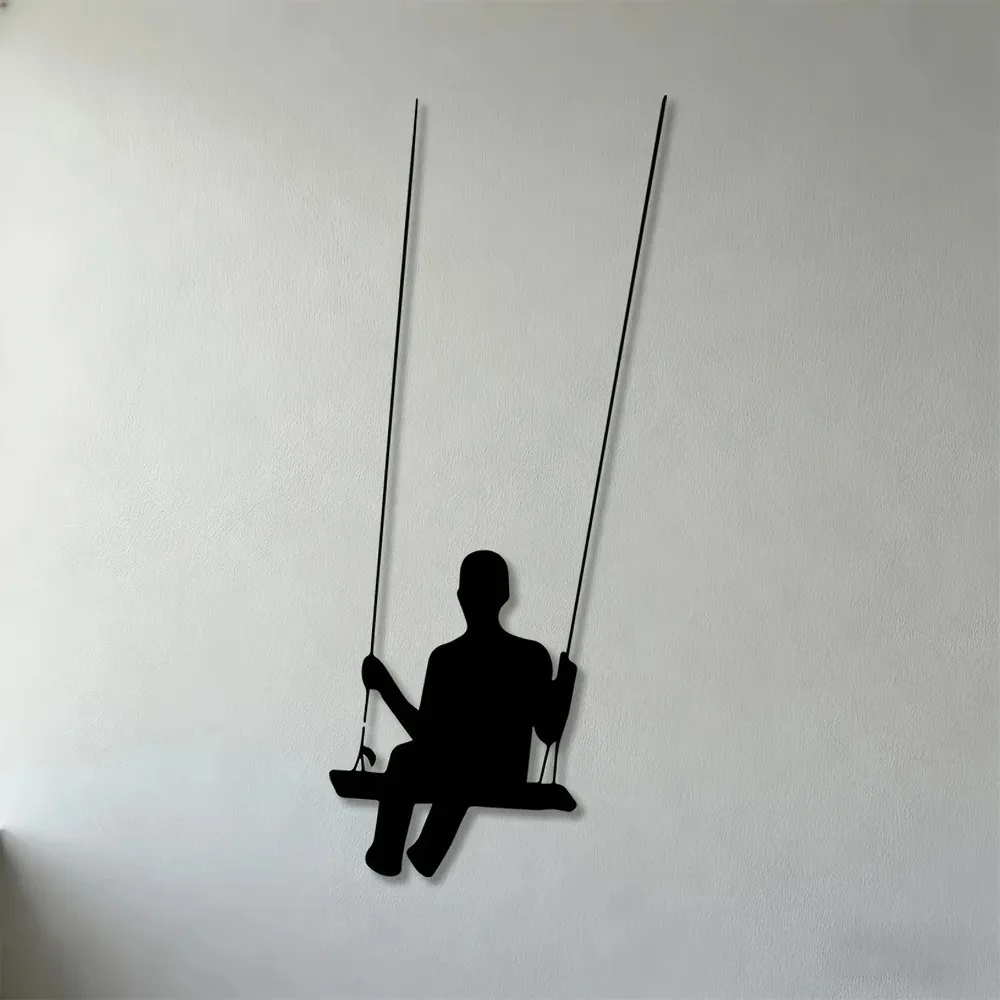 Minimalist Swinging Boy Metal Wall Art Iron Sculpture Home Decor Living Room Bedroom Playroom Office Non-Electric 2D