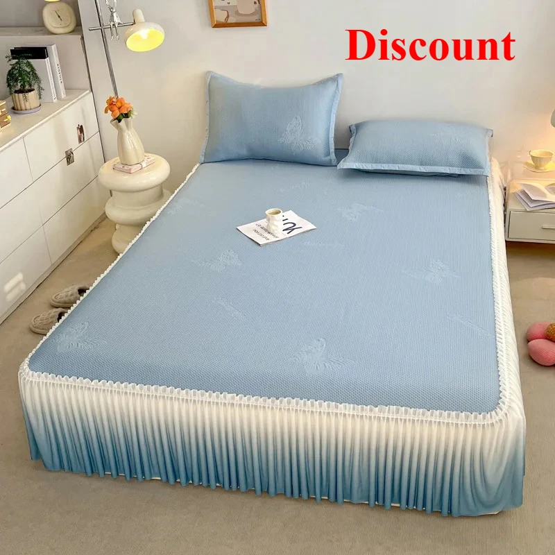 

2025 New Four Seasons Universal Summer Bed Skirt Ice Silk Bedspread Three-piece Set Washable Solid Color Lace Bed Skirt Mat