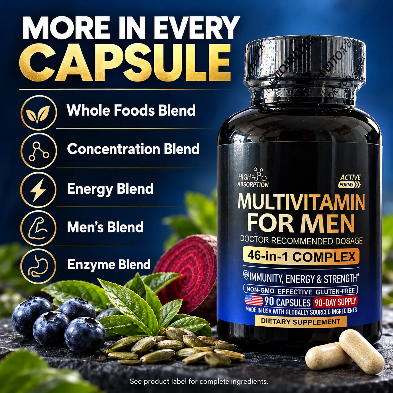 46-in-1 Multivitamin for Men 90 Capsules With Vitamins A C D3 B Complex Zinc Selenium Vegetable Capsules 90-Day Wellness Formula