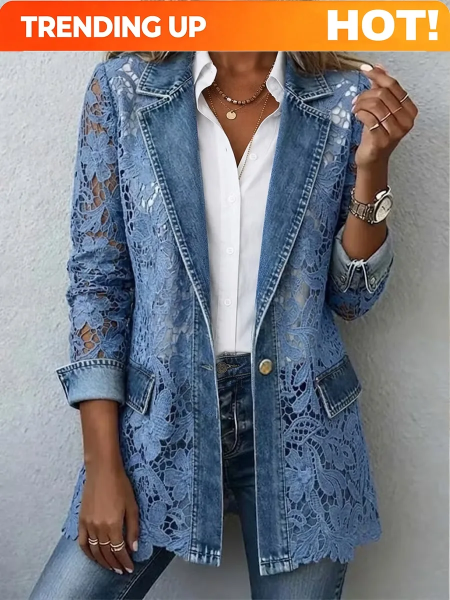 Customization Vintage Hollow Out Floral Lace Spliced Denim Jacket Women Notched Lapel Single Button Long Sleeve See Through Casu