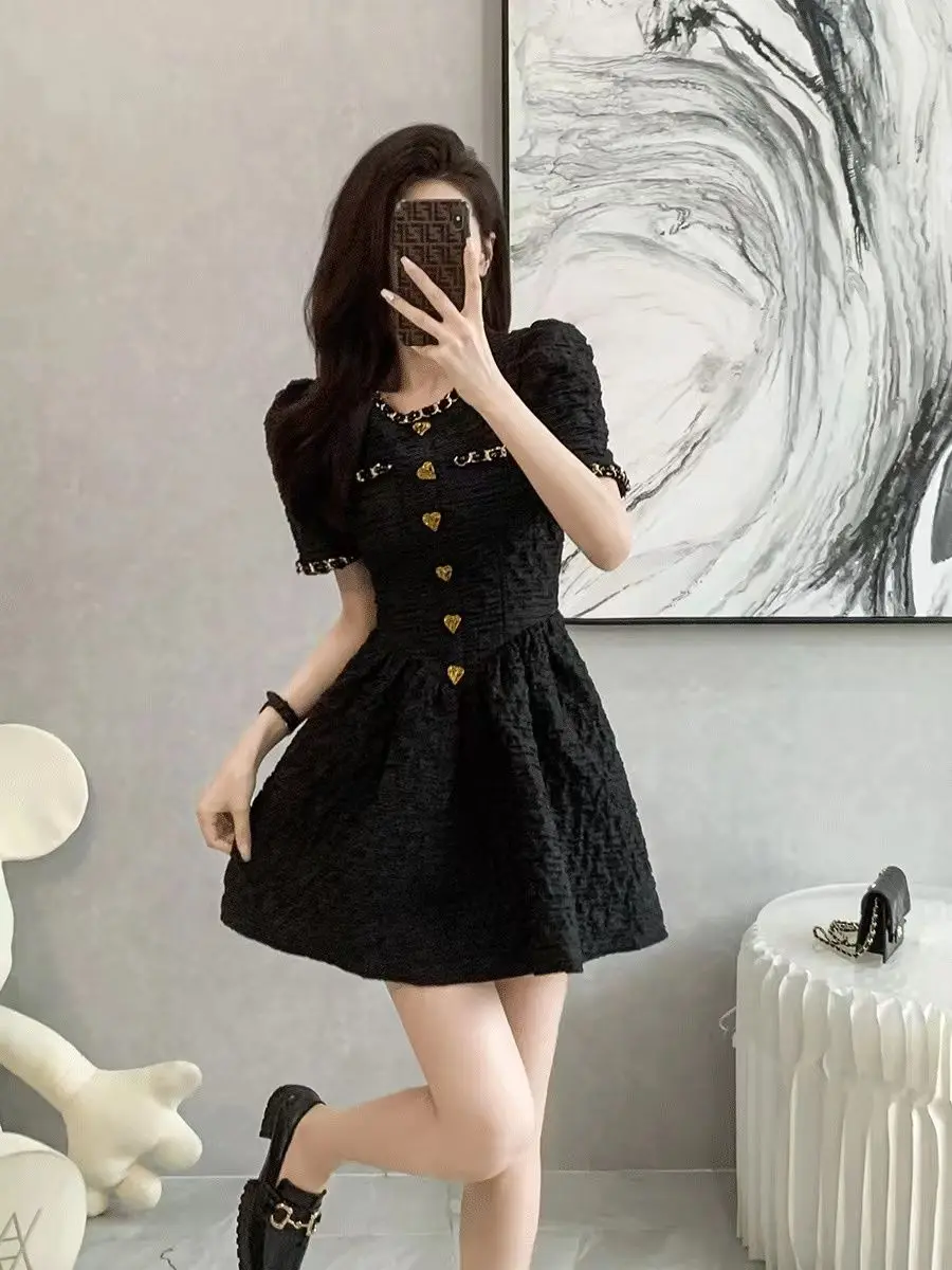 Women\'s French Hepburn Style Fluffy Black  Short Sleeve Blazer Dress Office Lady Mini Vestidos