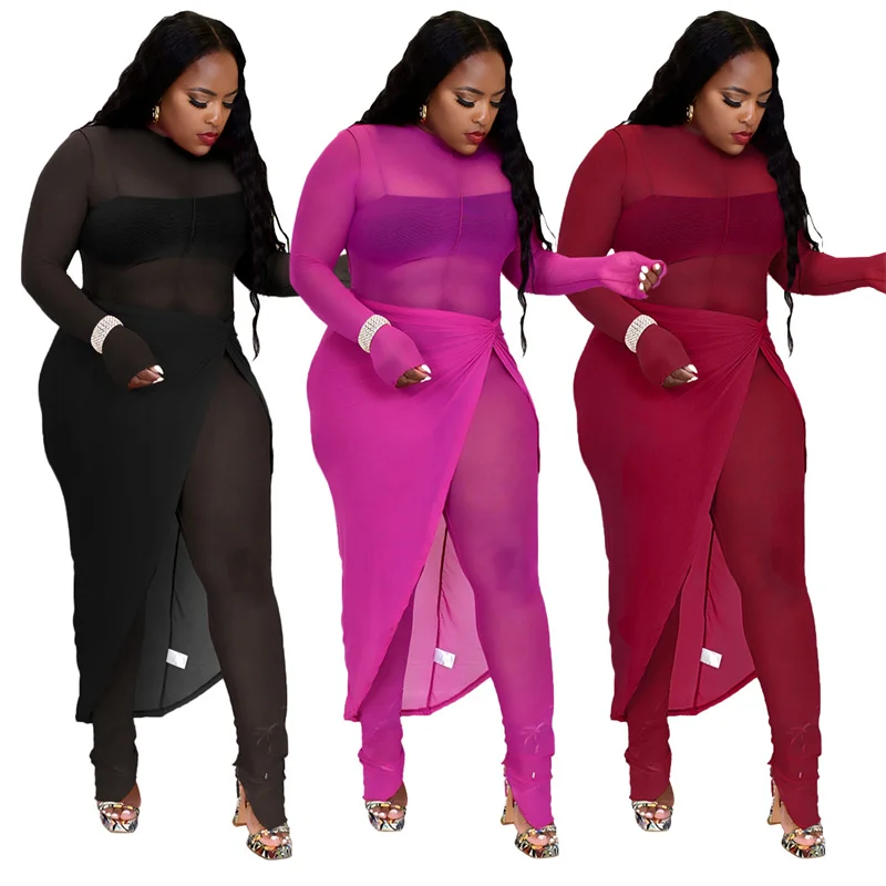 Sexy Mesh Sheer Midnight Jumpsuit Women with High Split Long Skirt Night Party Bodycon Rompers One-pieces Club Outfits Overalls