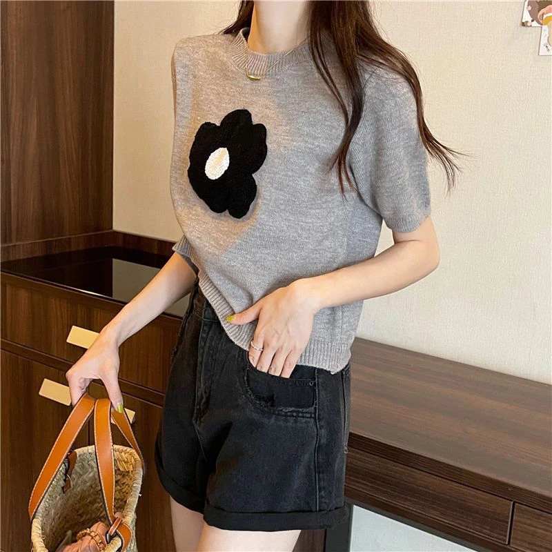 Rimocy 2024 Summer Flower Embroidery T Shirt Women Korean Style Short Sleeve Knitted T-Shirt Woman All Match Round Neck Tee Tops