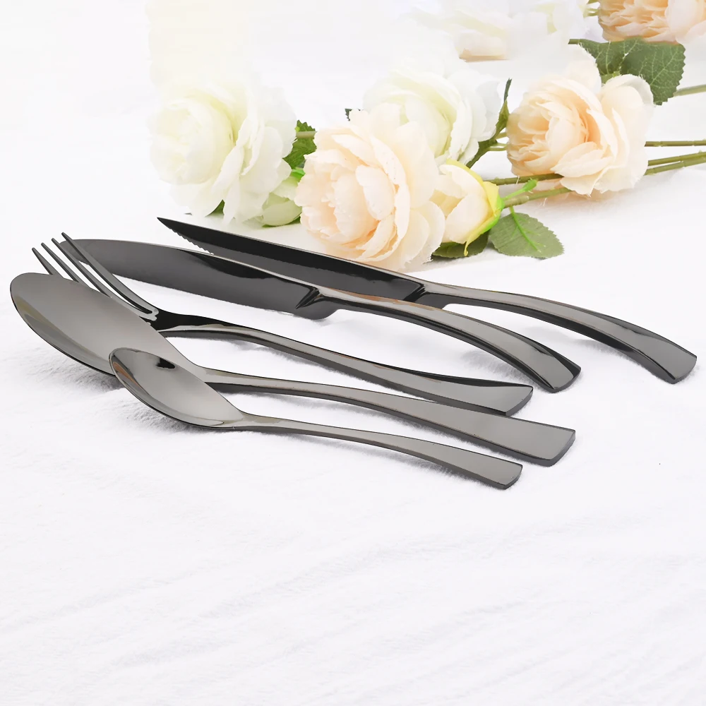 7Pcs Black Mirror Tableware Set Stainless Steel Cutlery Set Steak Knife Fork Teaspoon Dinnerware Set Western Kitchen Silverware