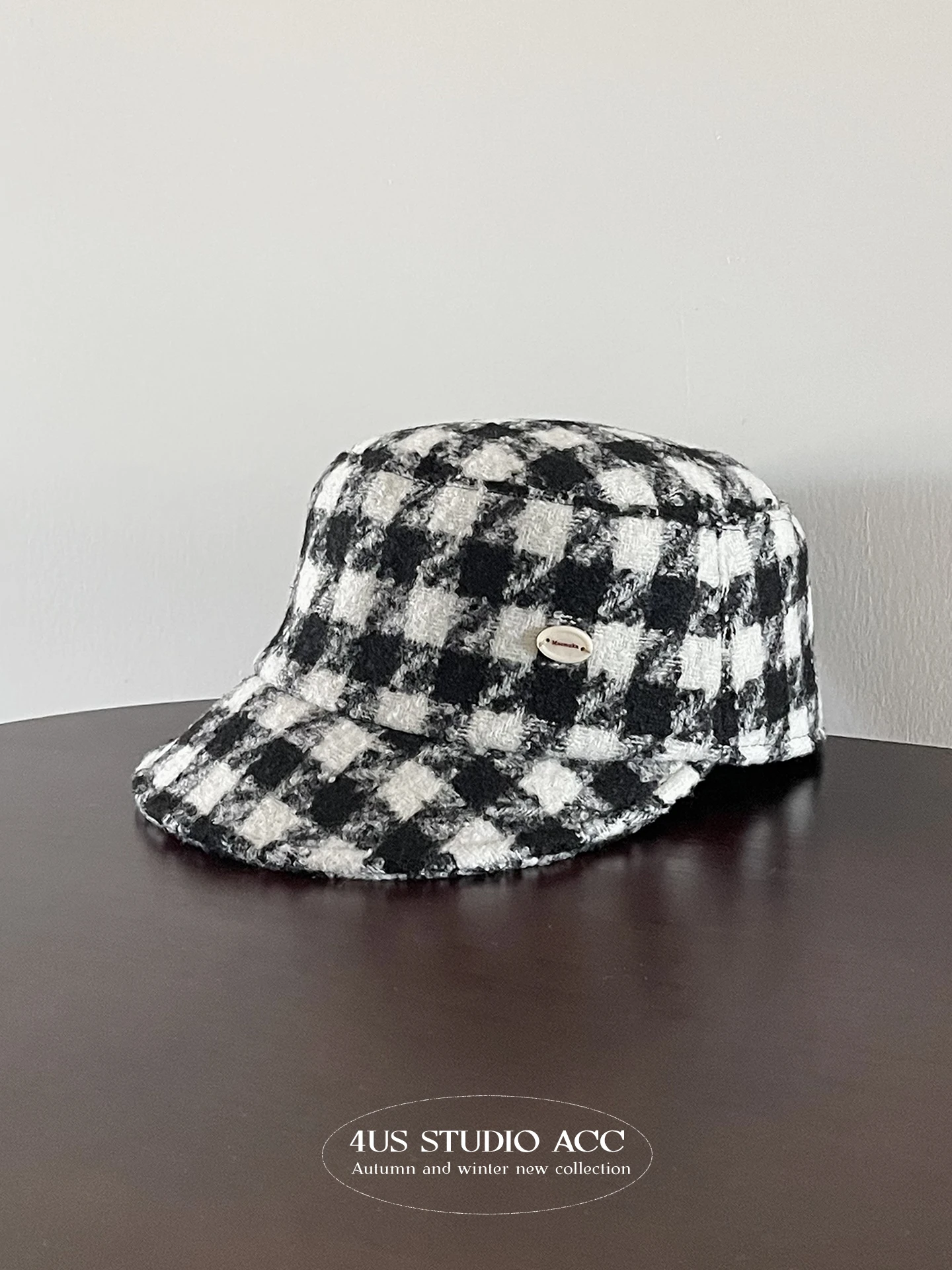 

Vintage Houndstooth Flat Top Duckbill Cap for Women Equestrian Hat Face Slimming Newsboy Cap Trendy