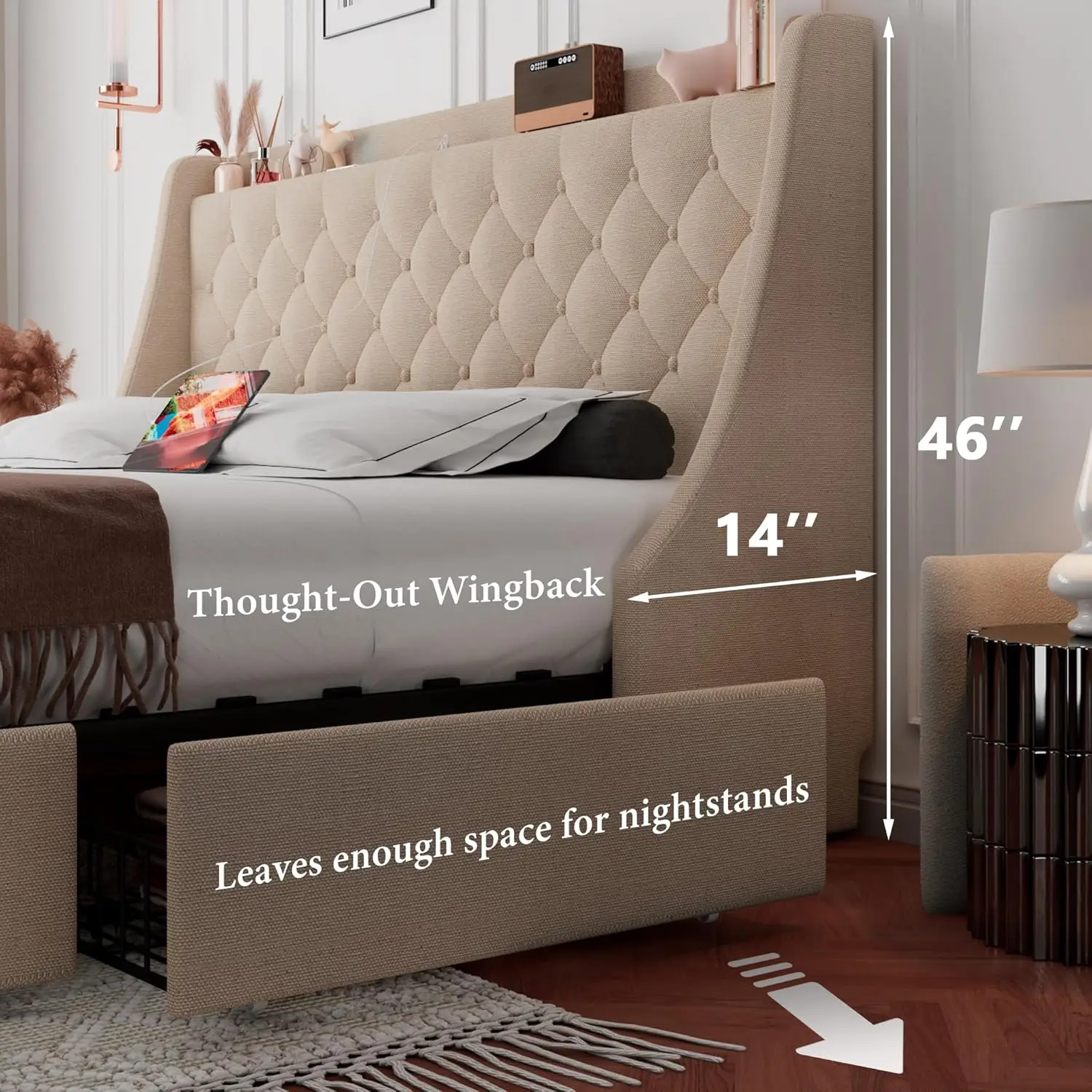 King Bed Frame with 4 Storage Drawers, Upholstered Platform Bed Frame with Type-C & USB Ports, Wingback Storage Headboard, Solid