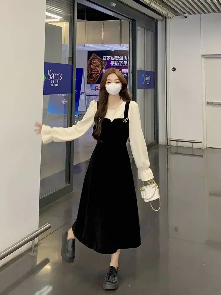Hepburn Style High-end Corduroy Fake Two-piece Dress for Petite Women French Style Small Fragrant Black Dress