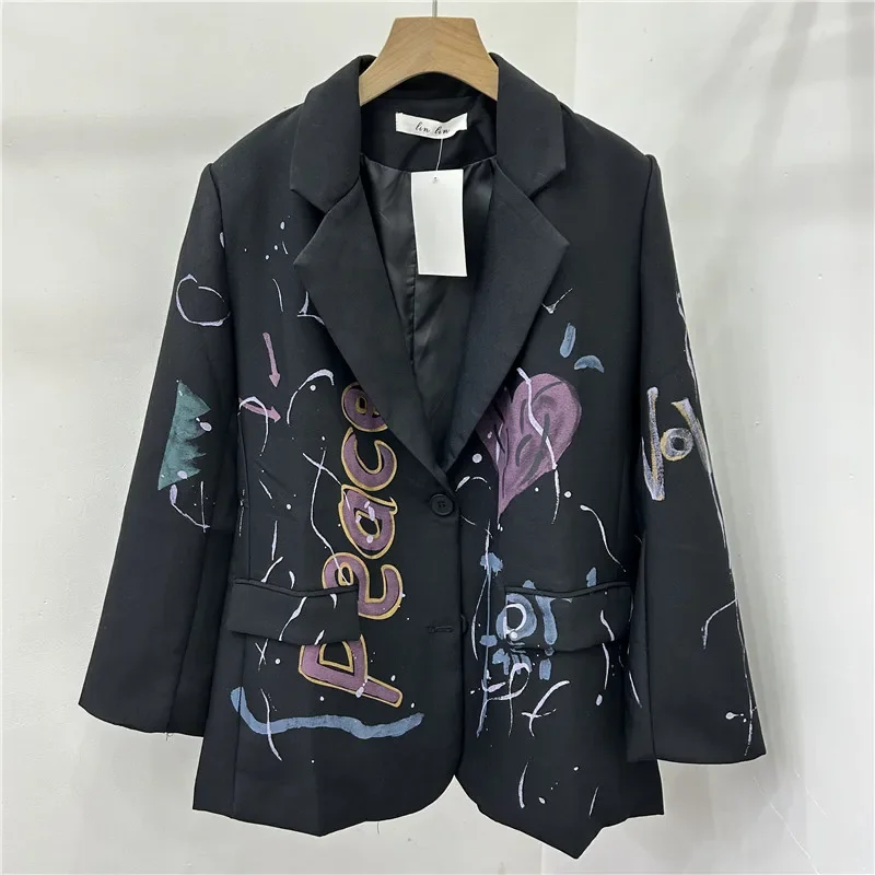 

Autumn New Black Suit Jacket Women Hand-Painted Letter Graffiti Print Notched Collar Long Sleeve Casual Blazers Coat Streetwear